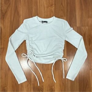 Zara White Long-Sleeve Ruched Side-Tie Crop Top